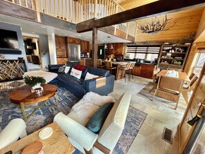 Fireplace, books, music library, stereo