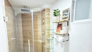 Shower, hair dryer, towels, soap