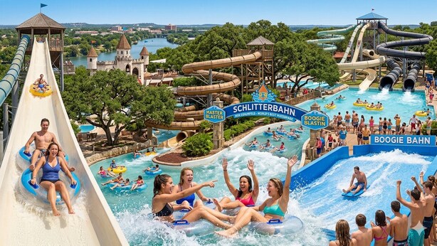 Een waterpark met een enorme glijbaan, verschillende glijbanen en een zwembadgedeelte.