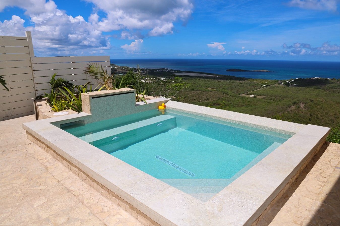 A rectangular pool with a clear blue water feature, surrounded by a stone deck and a low wall.
