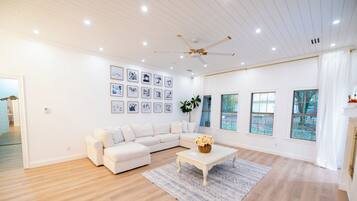 Smart TV, lareira, livros