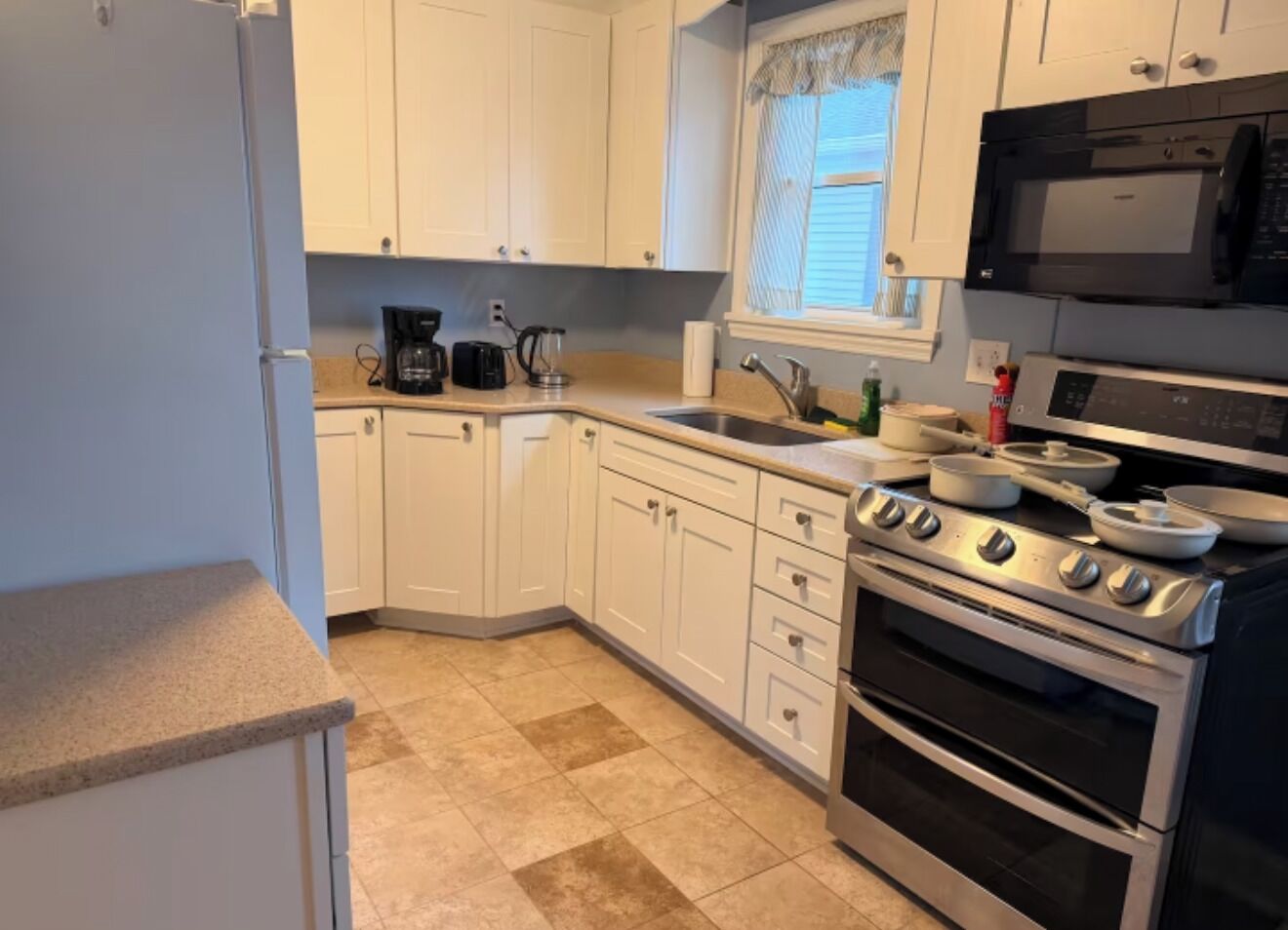 Fridge, microwave, oven, electric kettle