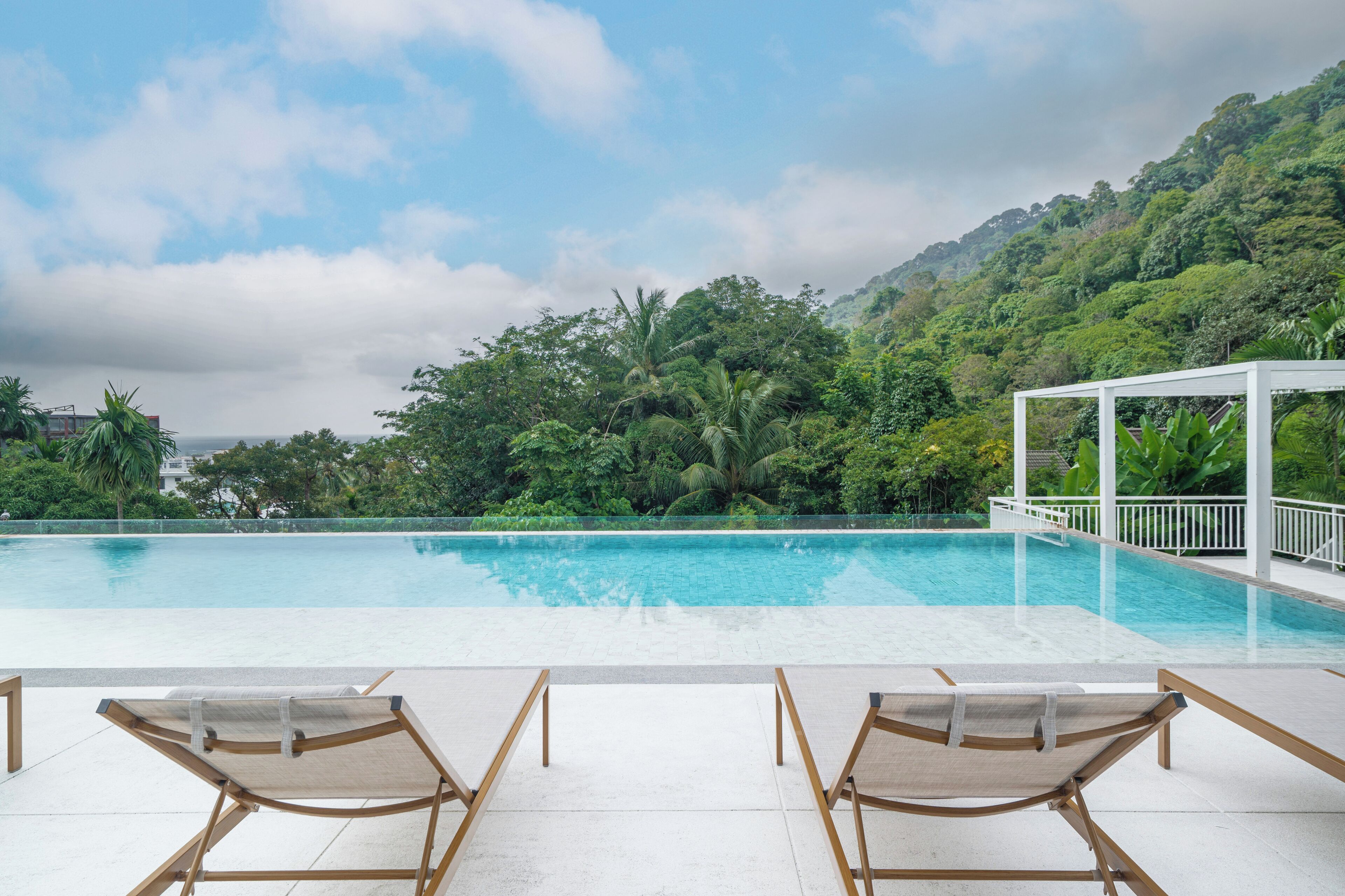 Outdoor pool, pool umbrellas, pool loungers