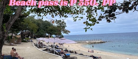 Private beach, white sand, beach shuttle, beach cabanas