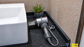 A bathroom with a white sink, a small potted plant, and a black floor.