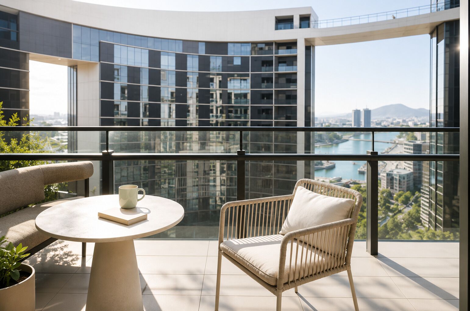 En moderne balkon med gelænder af glas, et rundt bord og to fletstole.