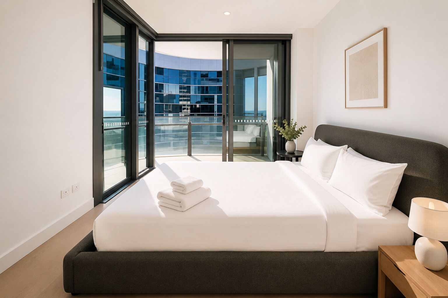 Habitación de hotel moderna con una cama grande, una mesita de noche con lámpara, una planta en maceta y vistas a un edificio a través de ventanales de piso a techo.