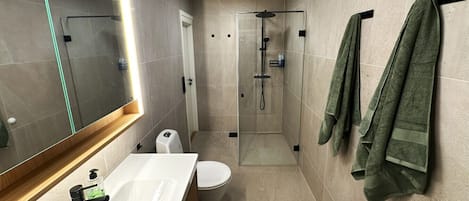 Hair dryer, towels, toilet paper
