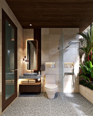 Deluxe-huvila, 3 makuuhuonetta, yksityinen uima-allas | Kylpyhuone | Suihkun ja ammeen yhdistelmä, hiustenkuivaaja, tohvelit, pyyhkeet