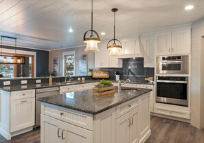 Fridge, microwave, oven, stovetop - Lake Norman Lakefront w/ Private Beach, Dock, Hot Tub & Fire Pit | Sandy Shore (Mooresville)