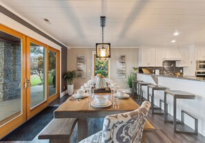 Dine with a view of the lake. - Lake Norman Lakefront w/ Private Beach, Dock, Hot Tub & Fire Pit | Sandy Shore (Mooresville)