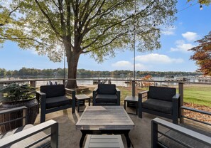Terrace/patio - Lake Norman Lakefront w/ Private Beach, Dock, Hot Tub & Fire Pit | Sandy Shore (Mooresville)
