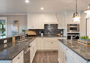 Fridge, microwave, oven, stovetop - Lake Norman Lakefront w/ Private Beach, Dock, Hot Tub & Fire Pit | Sandy Shore (Mooresville)