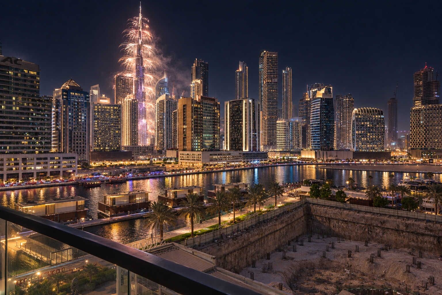 A nighttime cityscape with high-rise buildings, a river, and a bridge.