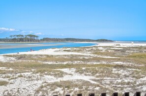 Ein Strand mit Dünen, einem klaren Himmel und einer fernen Baumgrenze.