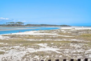 Ein Strand mit Dünen und blauem Himmel.