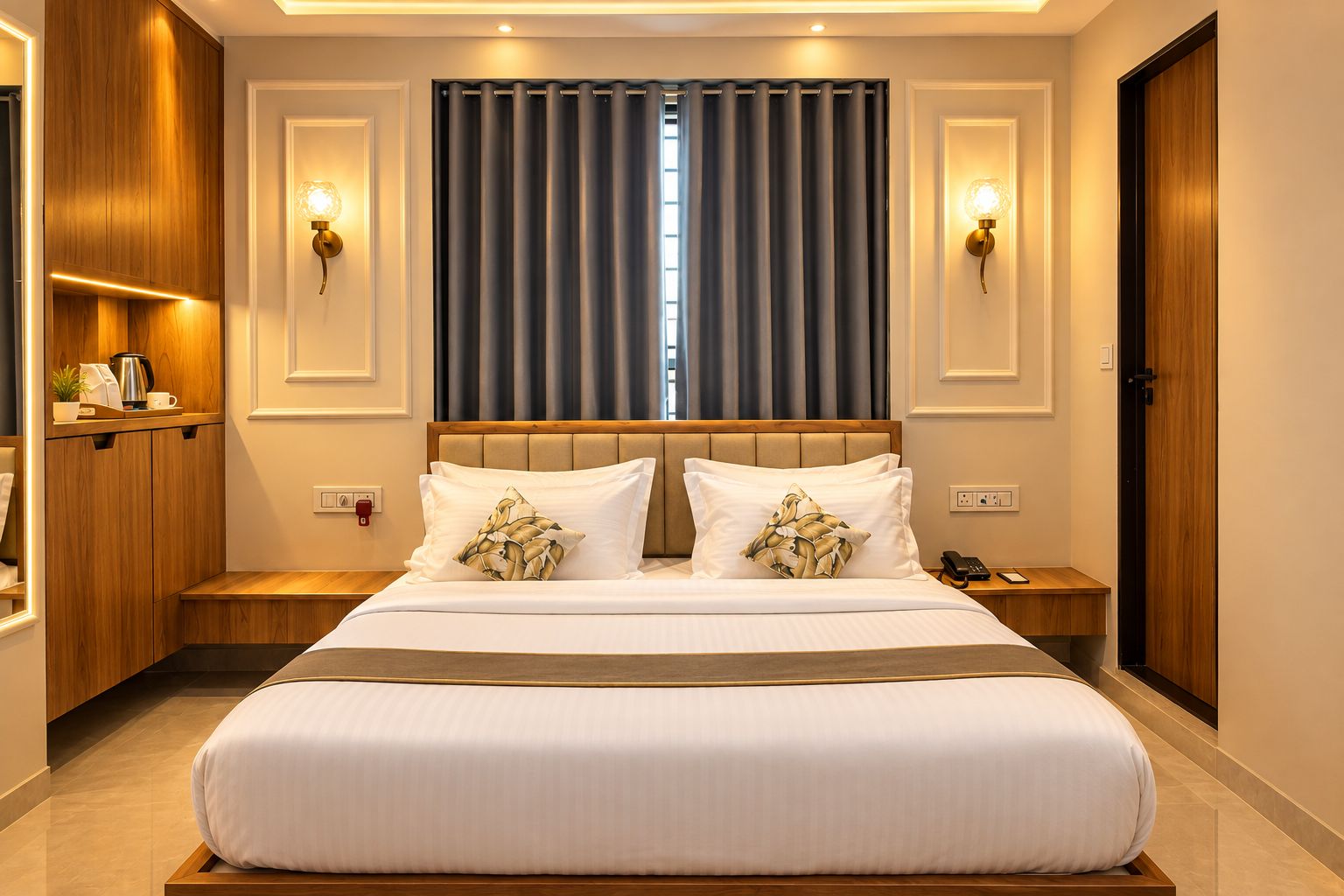 Habitación de hotel con una cama grande, cabecera de madera, dos mesitas de noche, una lámpara de pared y una ventana con cortinas.