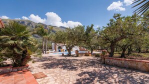 A courtyard with stone flooring, trees, and a pool area.