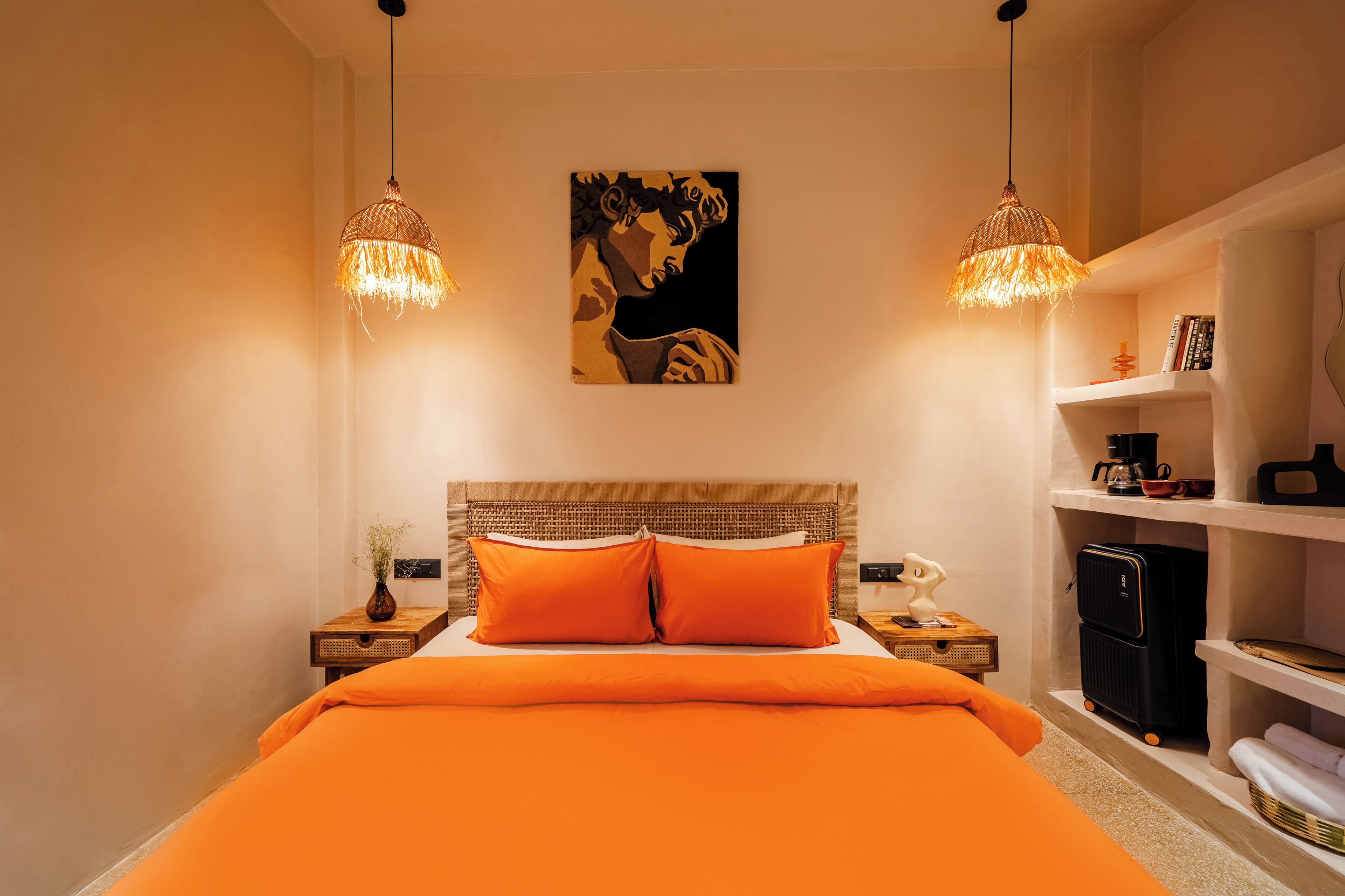 Premium bedding, memory-foam beds, desk, laptop workspace