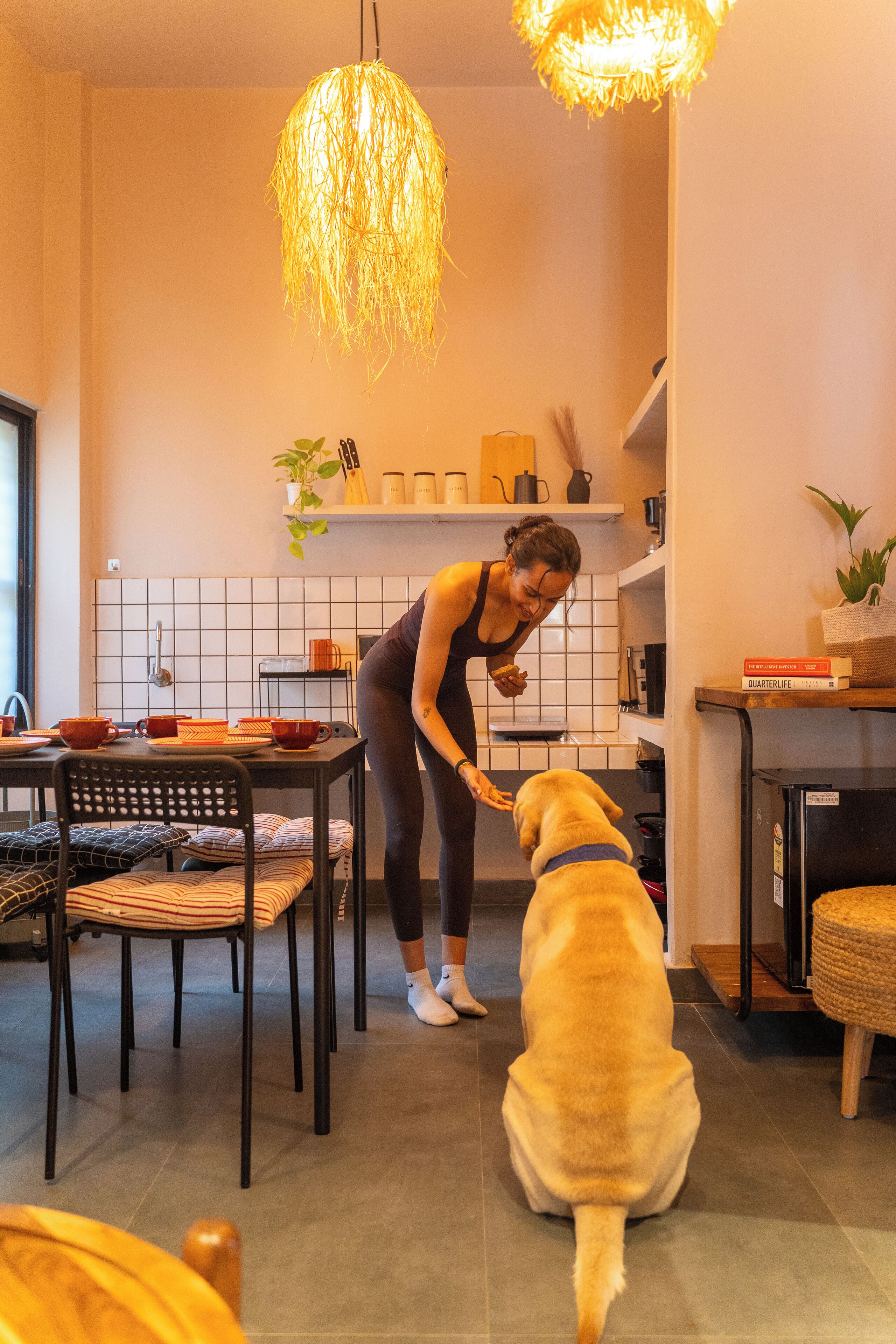 A woman interacting with a dog in a modern kitchen with a dining area.
