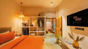 Premium bedding, memory foam beds, desk, laptop workspace