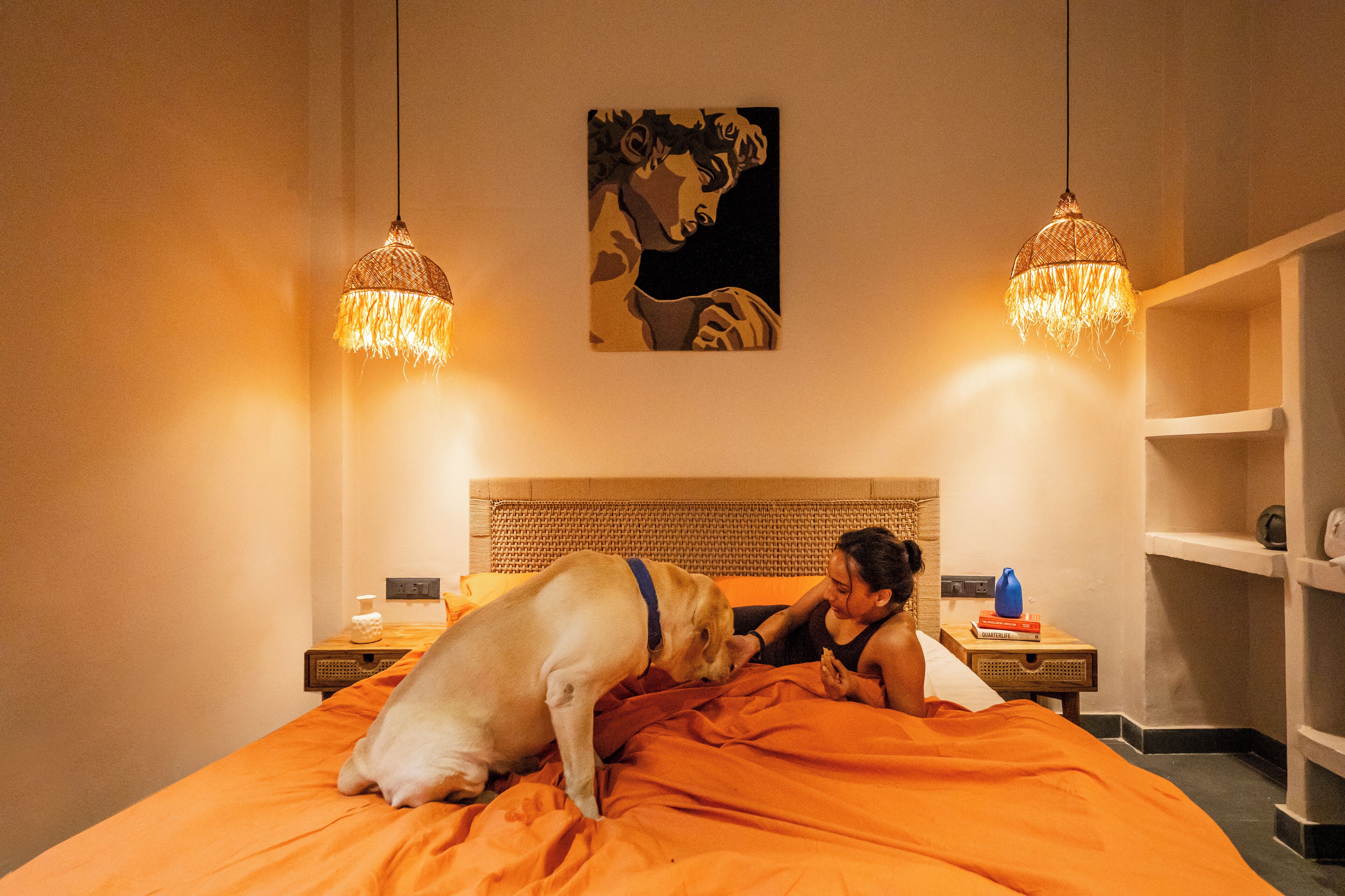 Un dormitorio con cama, un perro, un cuadro en la pared y dos lámparas colgantes.