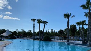 A swimming pool with palm trees, lounge chairs, and a covered area. - Comfortable mobile home in the south of France - perfect family vacation near the beach (Vias)