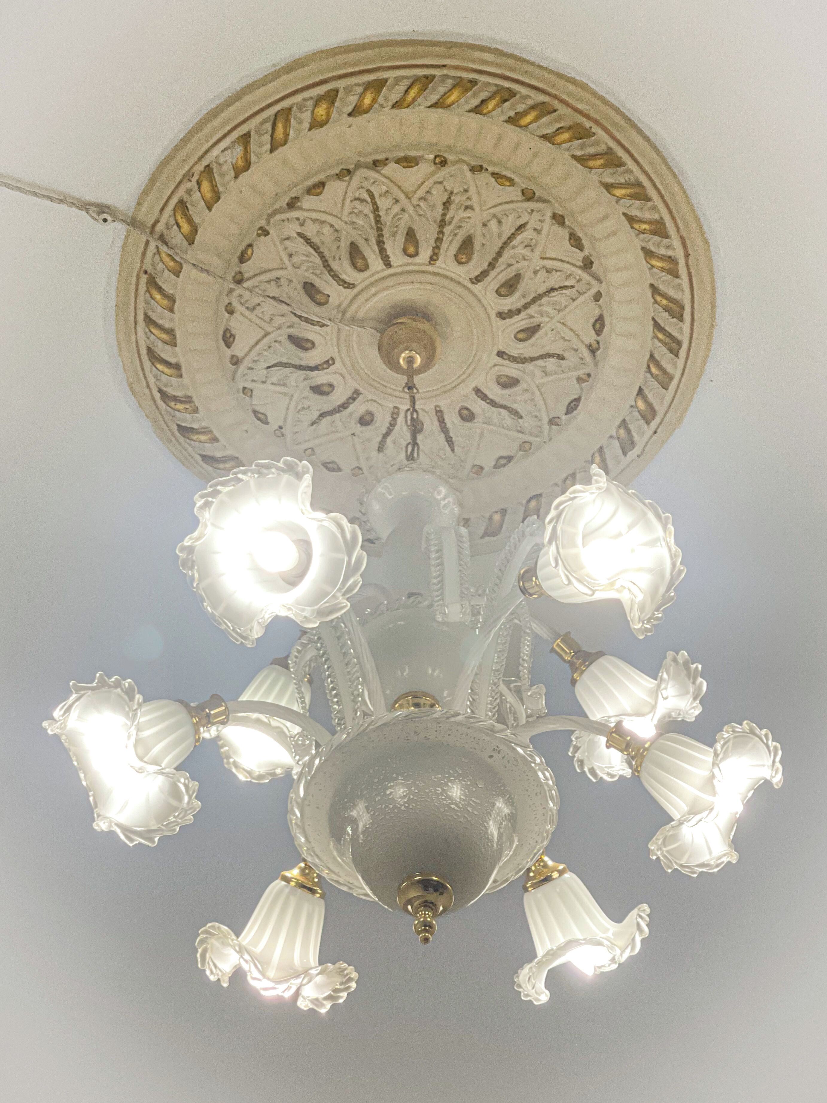 Un plafond orné d’un médaillon décoratif et un lustre doté de plusieurs points lumineux.