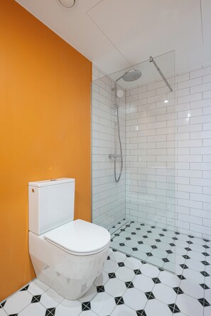 Douche, séchoir à cheveux, serviettes fournies, savon