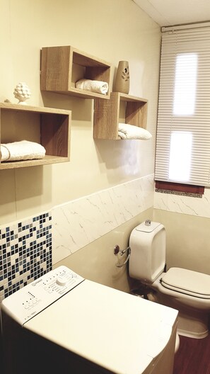 Regadera, secadora de cabello, bidet, toallas