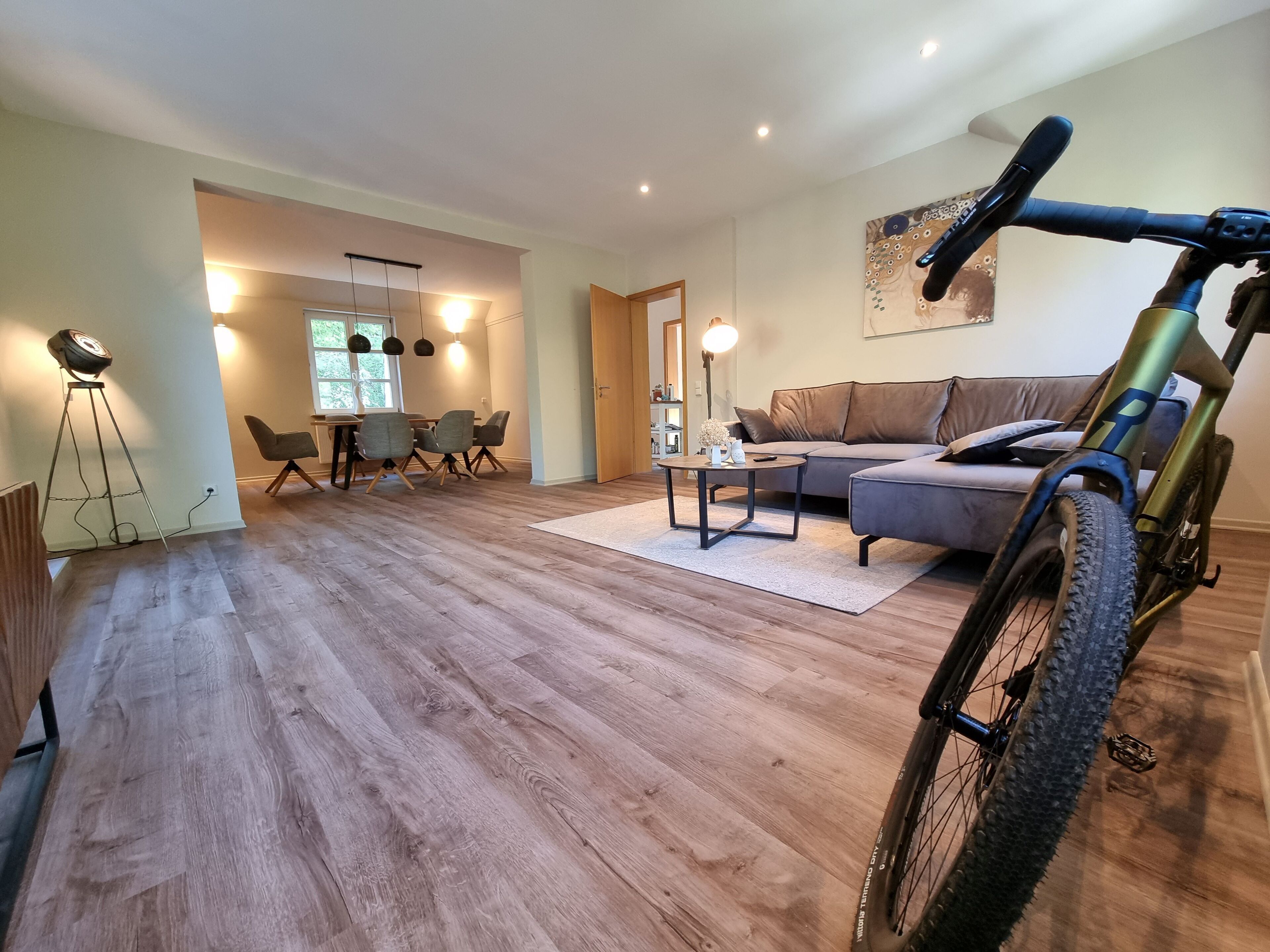 Smart-TV, Kamin, Bücher, Stereoanlage