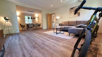 Smart-TV, Kamin, Bücher, Stereoanlage