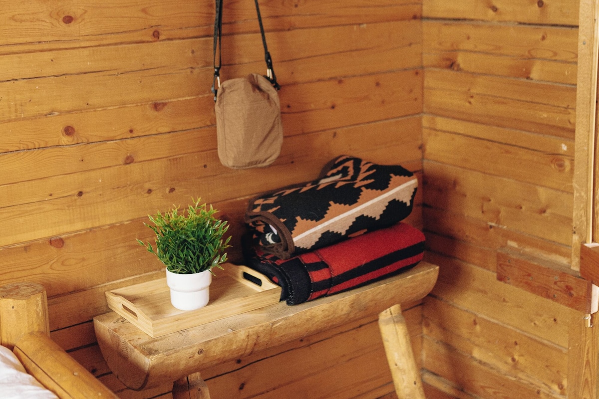 A wooden cabin interior with a bed, a small table with a plant, a hat, and a bag.