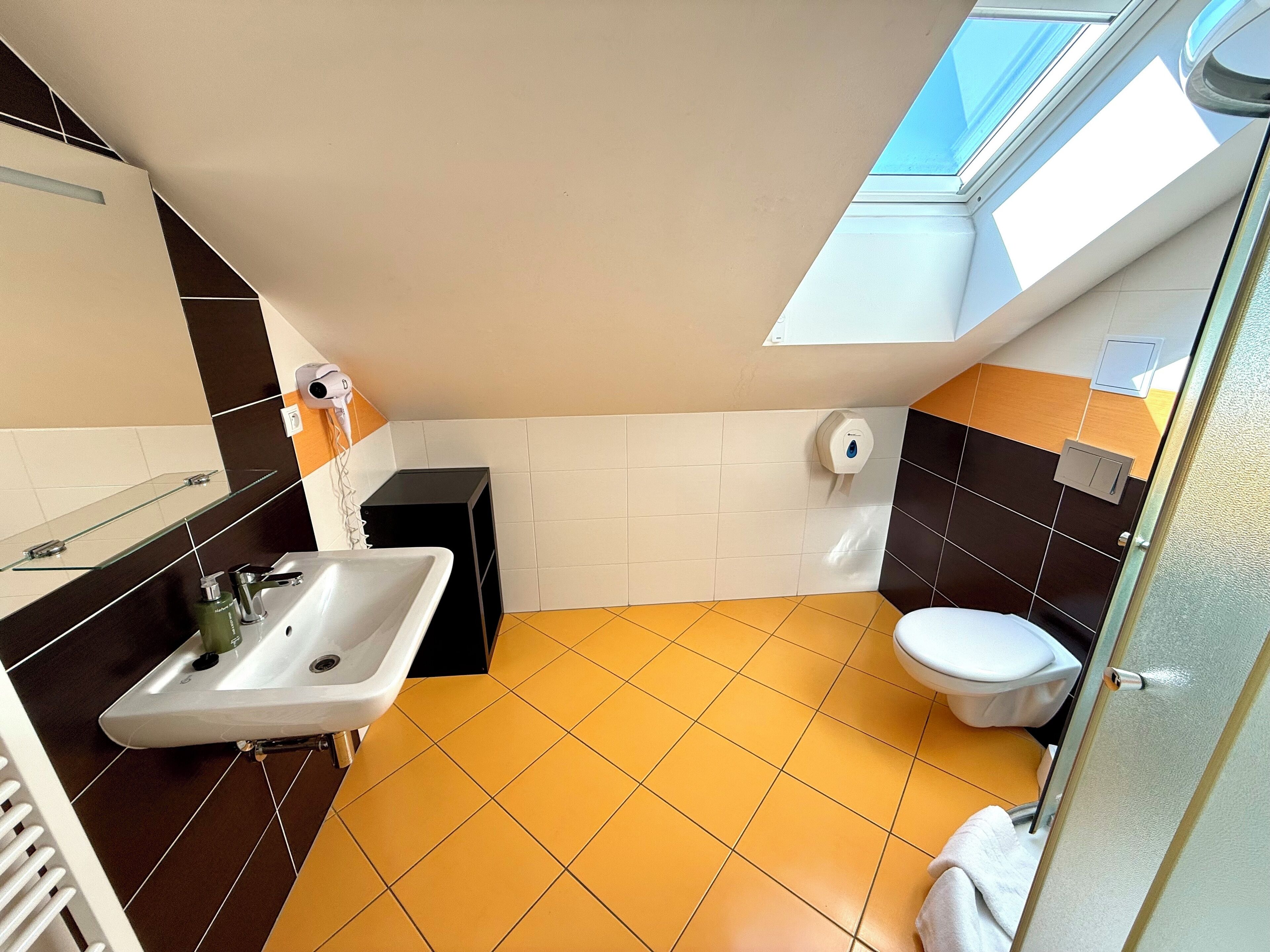 A bathroom with a skylight, a sink, a toilet, and a small trash bin.