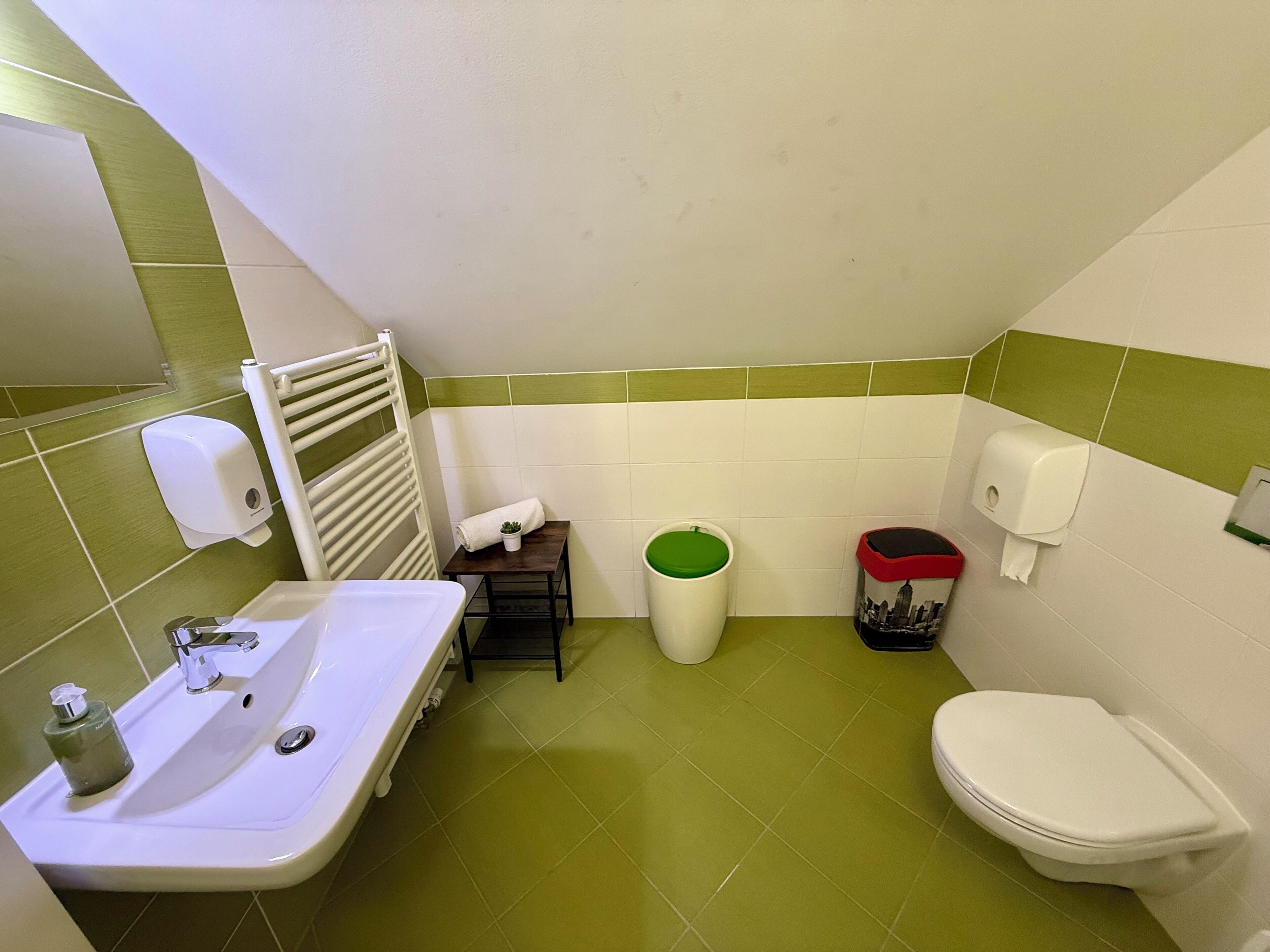 Un baño pequeño con lavamanos, inodoro y dos botes de basura.
