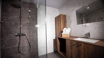 Hair dryer, towels, soap, shampoo