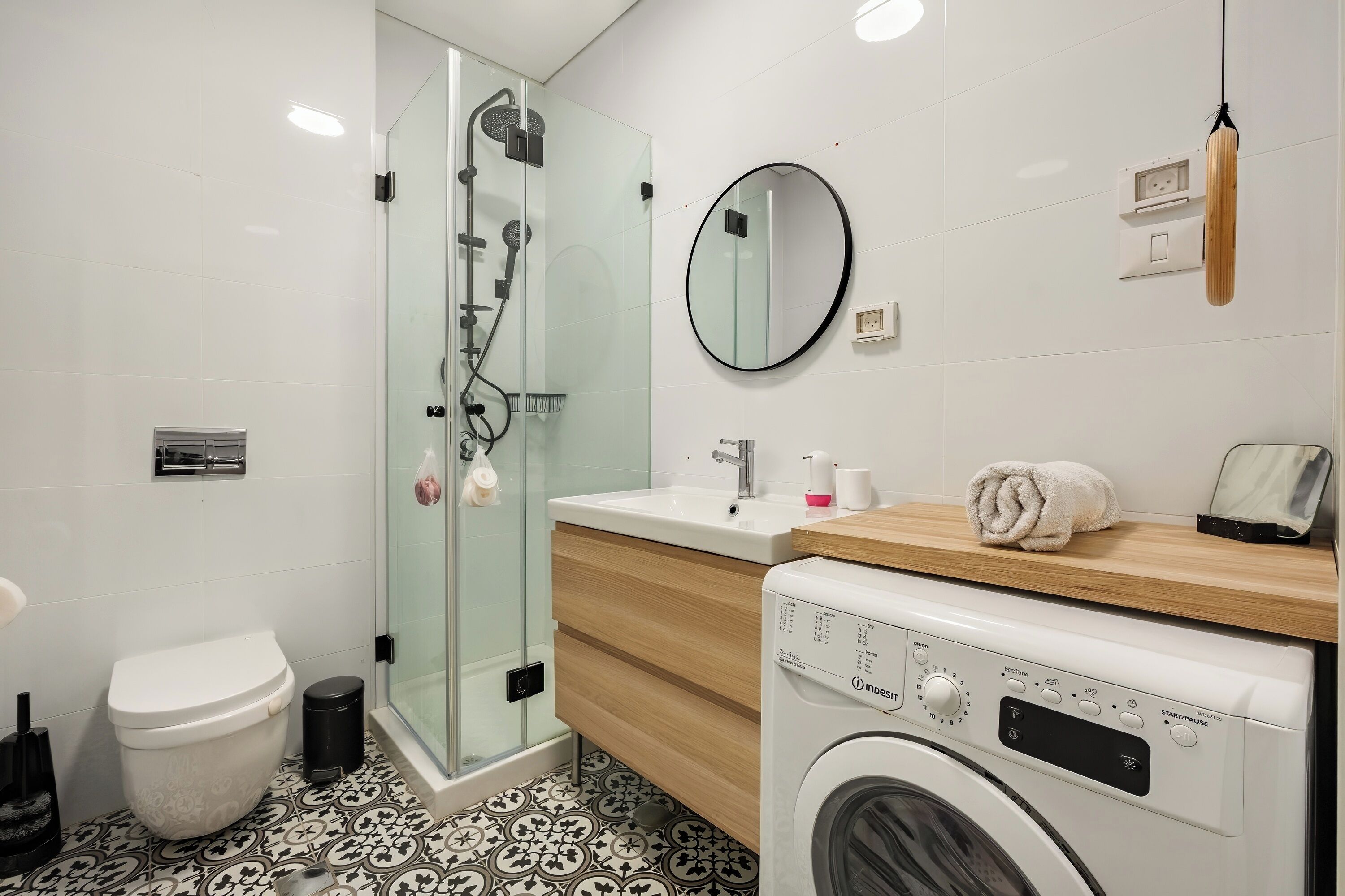 Hair dryer, towels, soap, toilet paper
