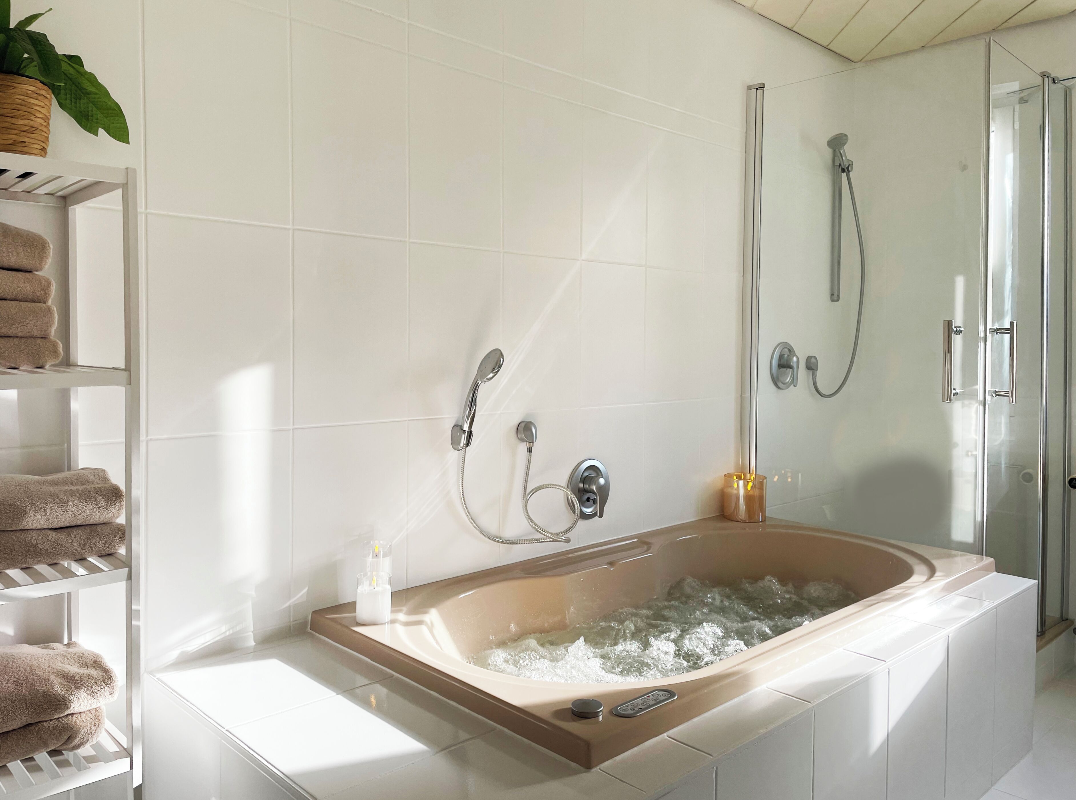 Shower, jetted tub, hair dryer, bidet
