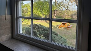 Una ventana con vista a un jardín trasero.
