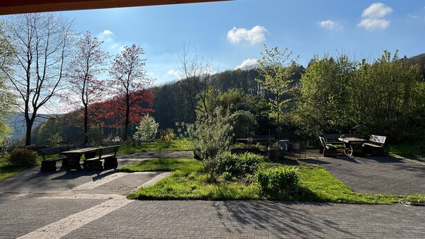 An outdoor seating area with benches and tables, surrounded by greenery and trees. - Suites at the Historic Berghotel Theresia (Eslohe (Sauerland))