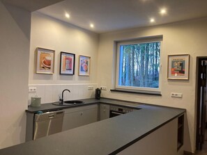 Fridge, microwave, oven, stovetop - Apartment “Suiten im Alten Berghotel Theresia” with Mountain View, Shared Garden & Wi-Fi (Eslohe (Sauerland))