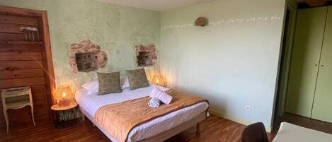 Desk, laptop workspace, blackout curtains, free WiFi