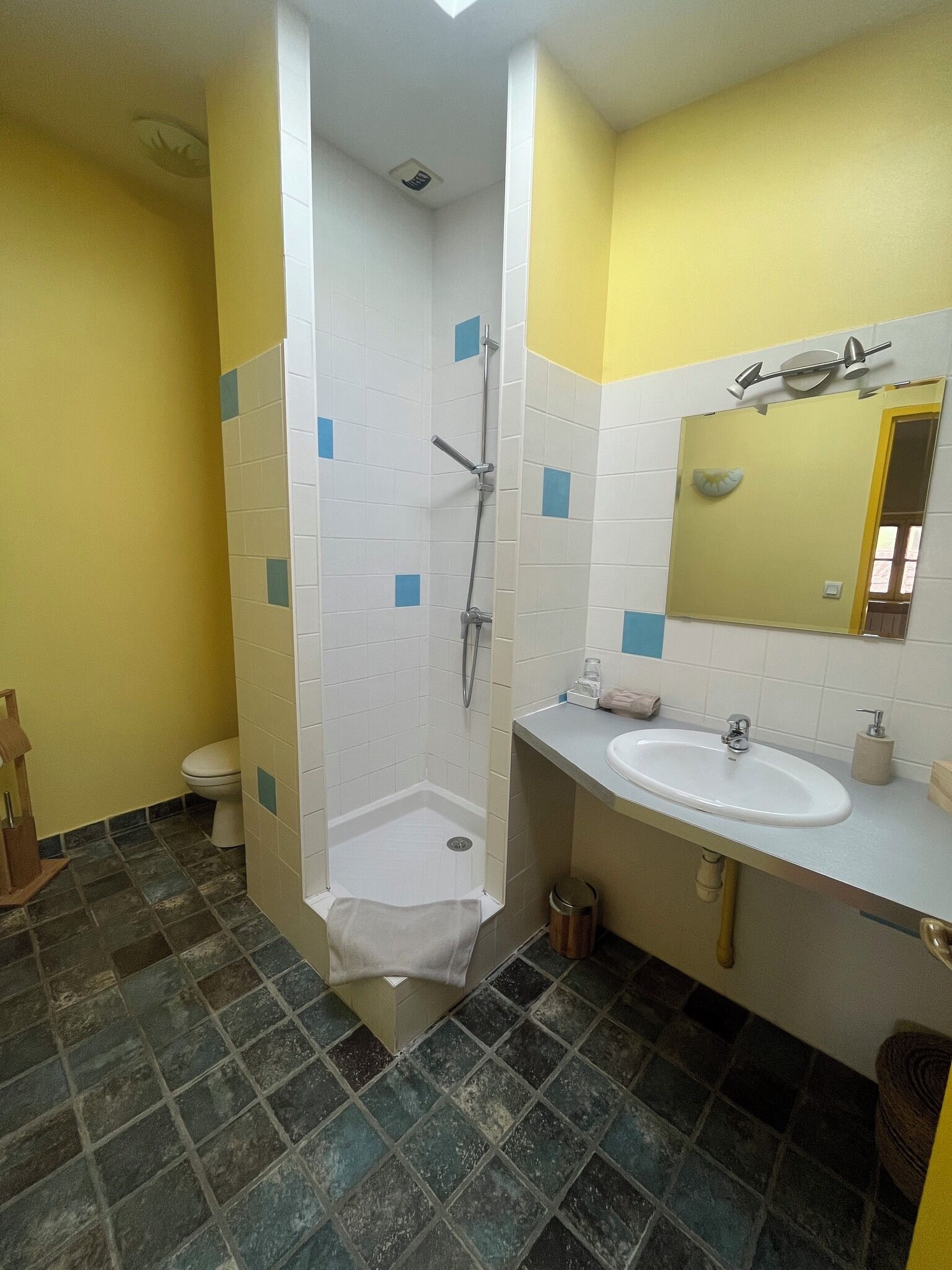 Un baño con ducha, inodoro y lavabo.