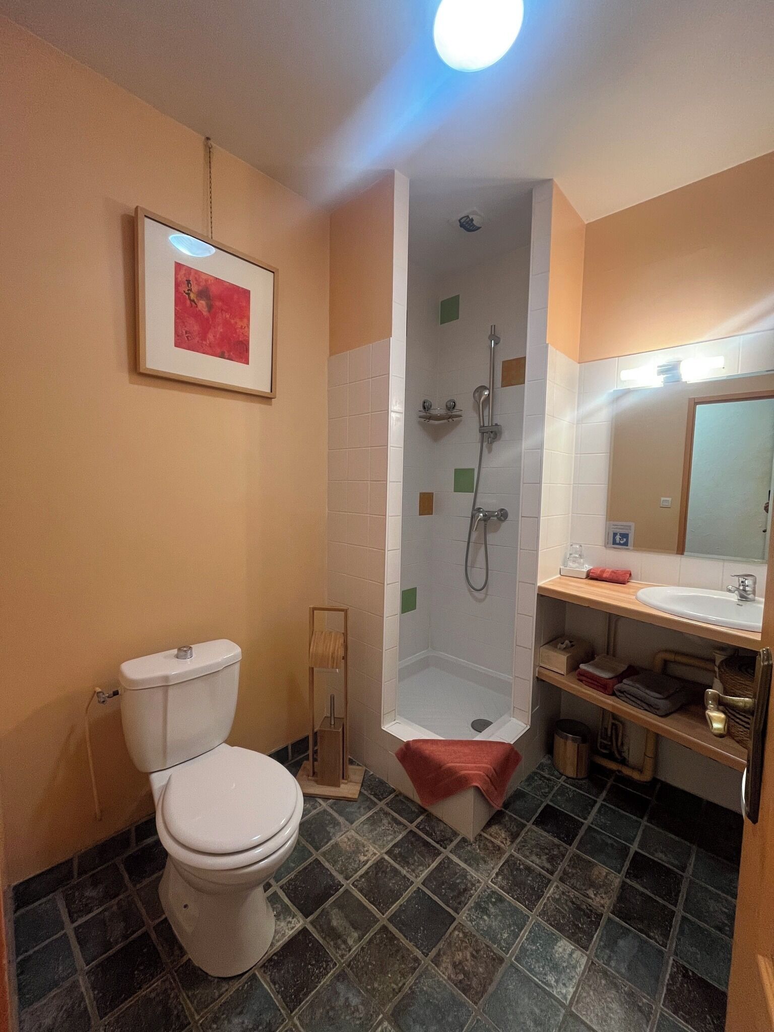 Un baño con inodoro, ducha y lavamanos.