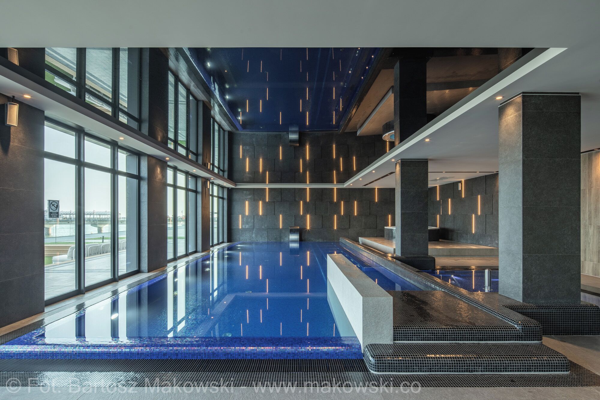 Indoor pool, open 9:00 AM to 10:00 PM, pool loungers