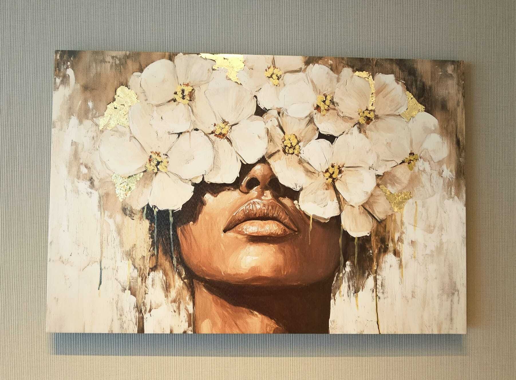 A painting with a textured background and a central figure.