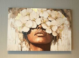 A painting with a textured background and a central figure.