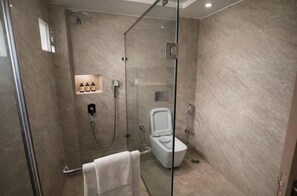 Shower, free toiletries, hair dryer, slippers