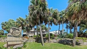 A sign for 'Island House' with a number '5650' and a tropical garden with palm trees and rocks. - Island House I205: Oceanfront, steps to pool, budget friendly (Saint Augustine)