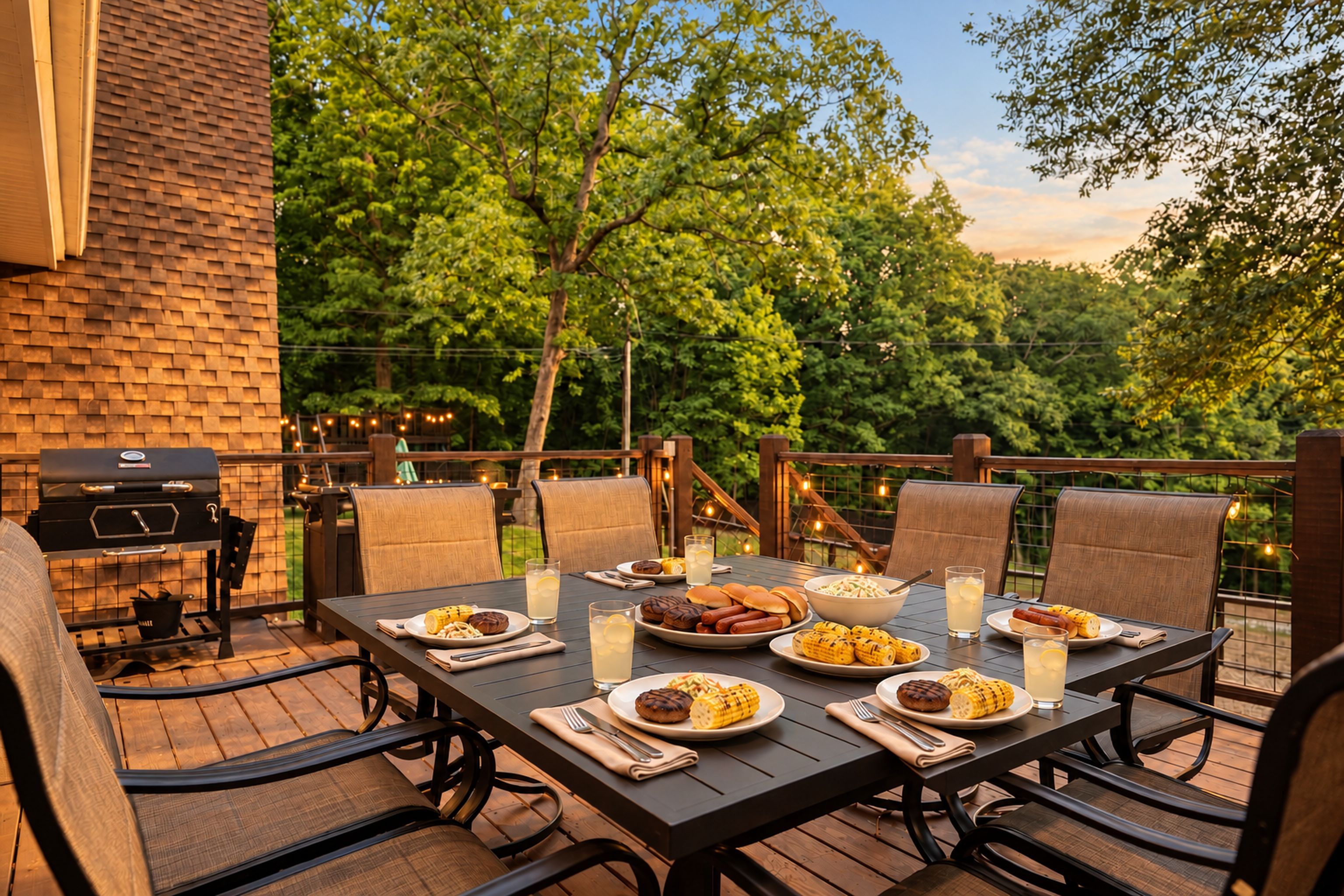 An outdoor dining area with a brick wall, a grill, and a table set with food and drinks.